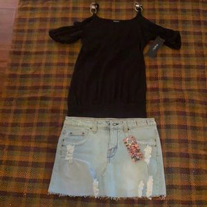 New Jean skirt with black peekaboo shoulder shirt